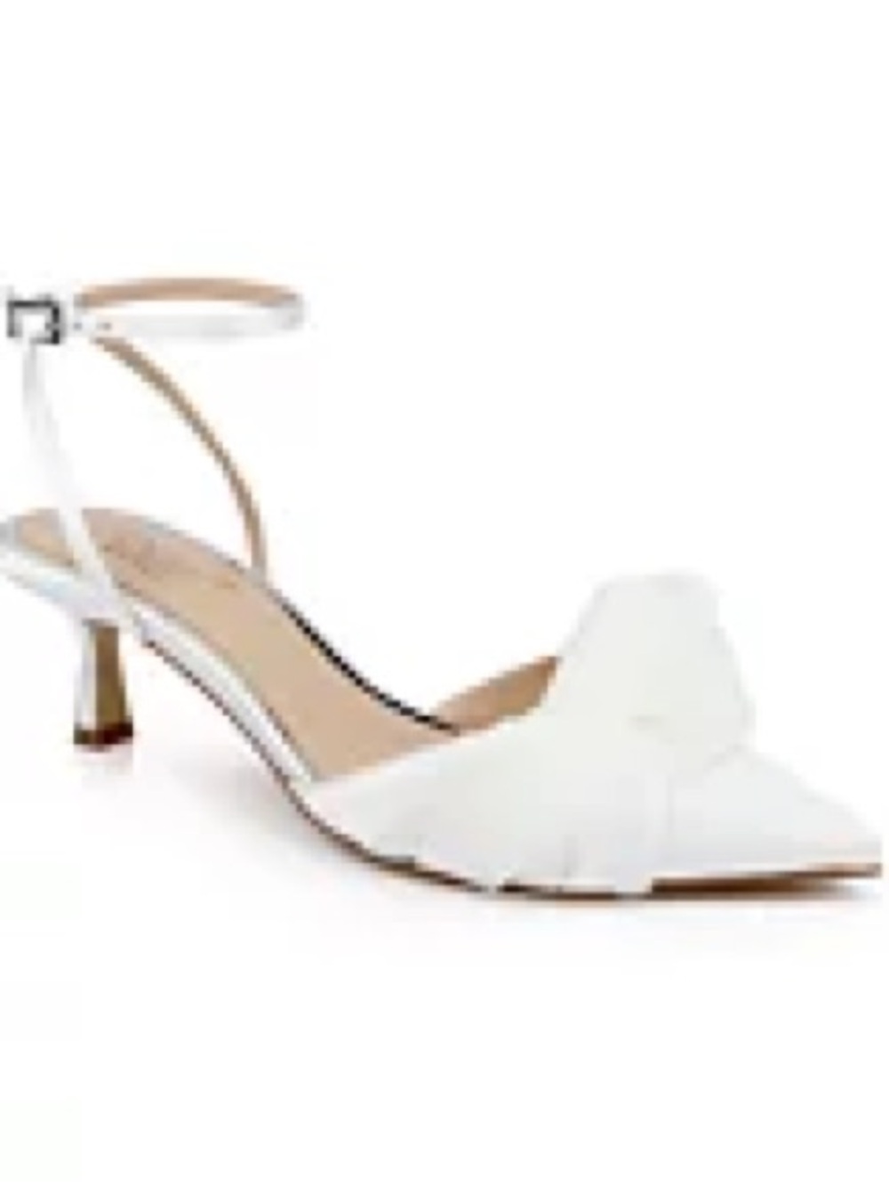 Jewel Badgley Mischka White Pointed Toe Ankle Strap Kitten Heels